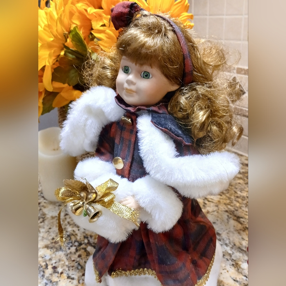 Antique Porcelain Doll Plaid with White Fur Trim